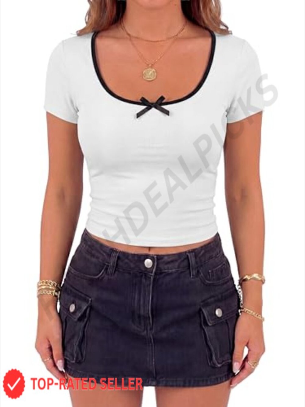 Womens Bow Front Short Sleeve Crop Tee Shirt Crew Neck Slim Fit T Shirt Top - Picture 3 of 7